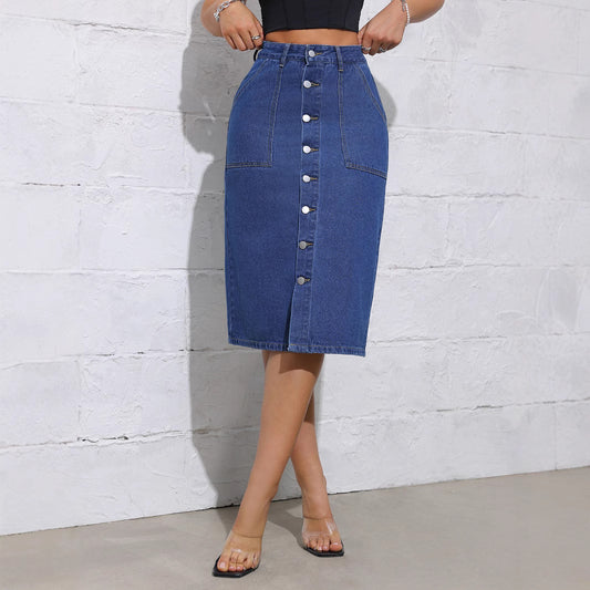 Damen Jeans-Midirock mit Knopfverschluss und praktischen Taschen Stalluxe