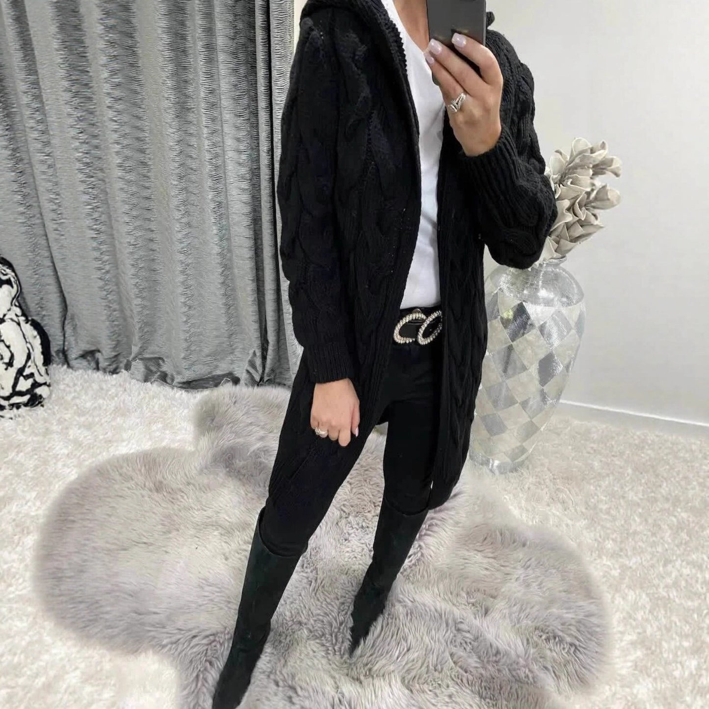 Damen Grobstrick-Cardigan mit Kapuze und Zopfmuster Stalluxe