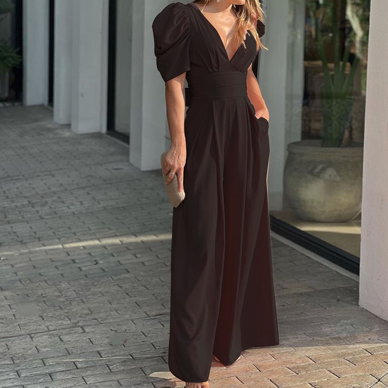 Damen elegantes Maxikleid mit Puffärmeln und tiefem V-Ausschnitt Stalluxe