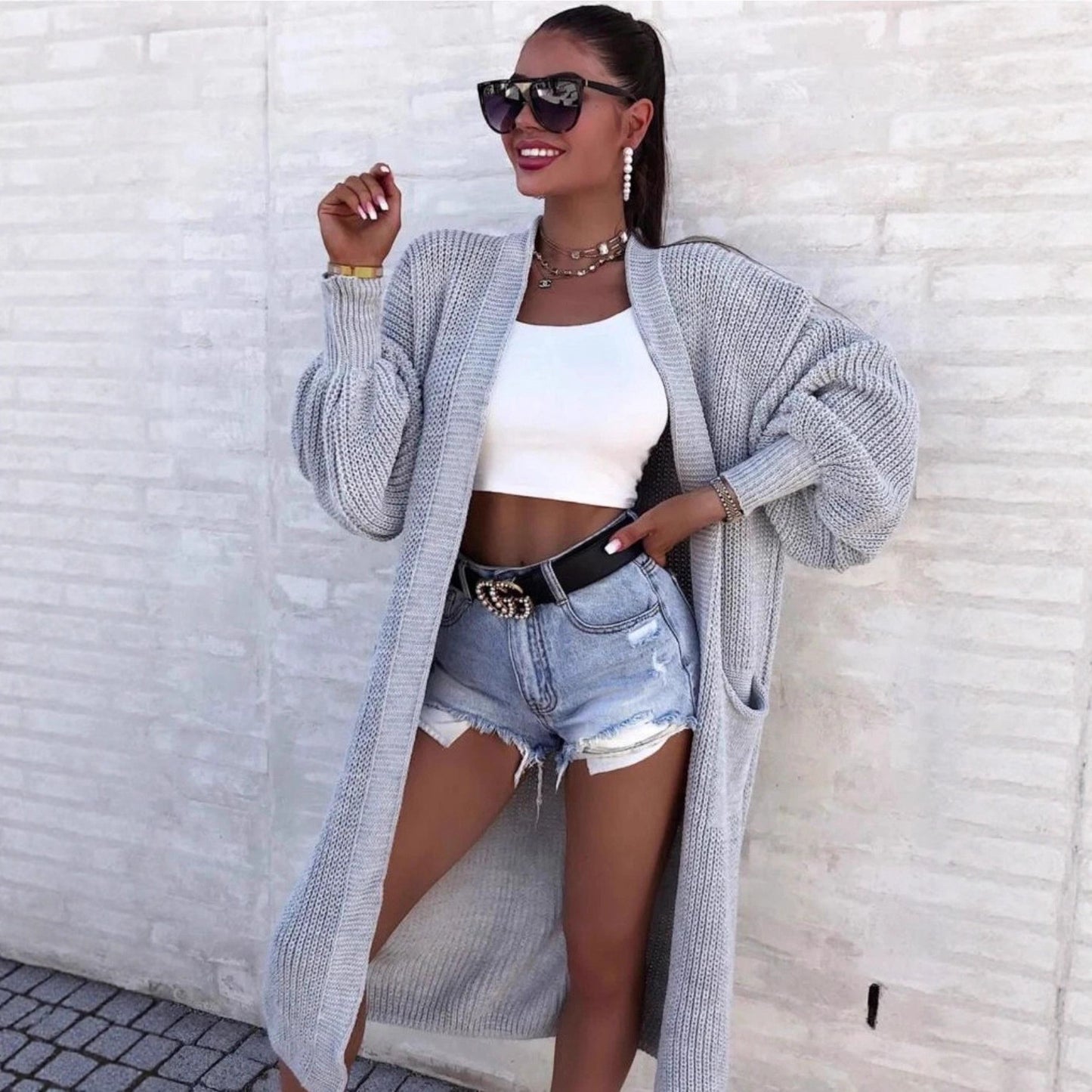Damen Langer Strickcardigan mit weiten Ärmeln und praktischen Taschen Stalluxe
