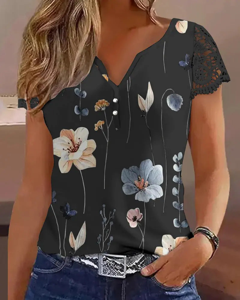 Damen Kurzarmbluse mit Spitze und floralen Akzenten Stalluxe
