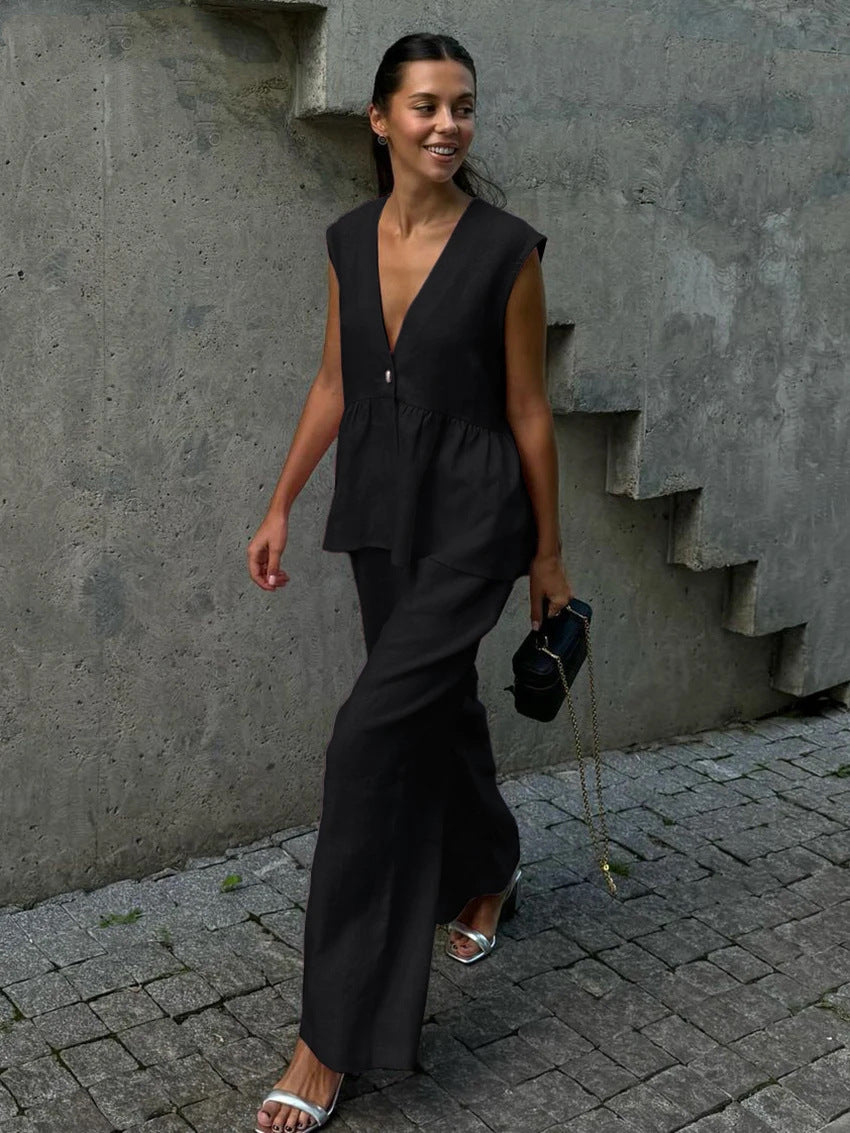 Damen luftige Leinenbluse und weite Hose Stalluxe