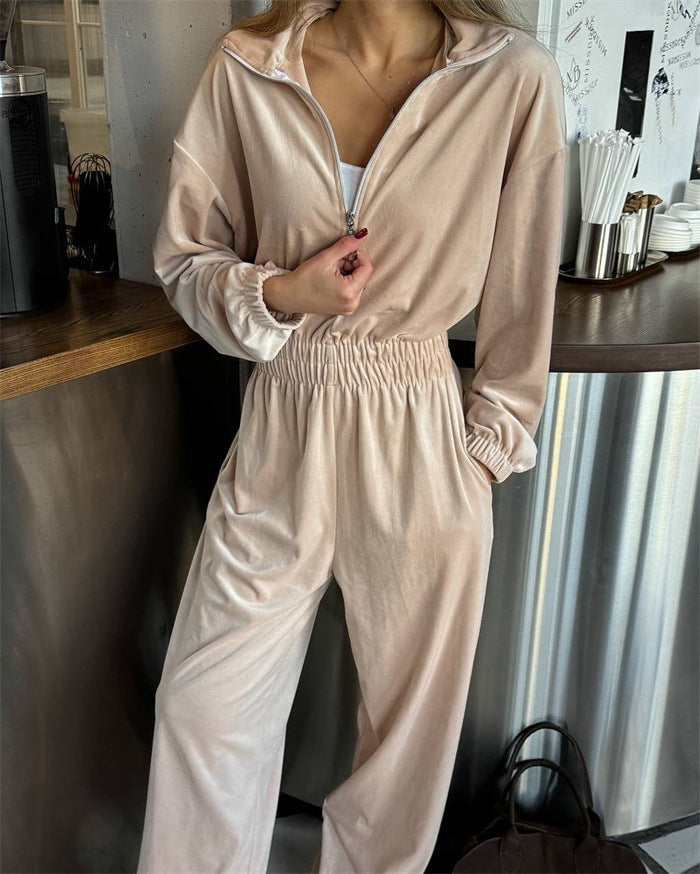 Damen eleganter Fleece-Jumpsuit mit hohem Kragen und Kordelzug Stalluxe