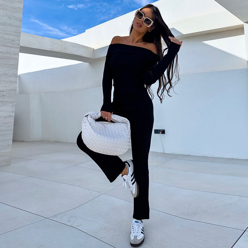 Damen lässiger Jumpsuit mit Off-Shoulder-Ausschnitt und weit geschnittenen Beinen Stalluxe