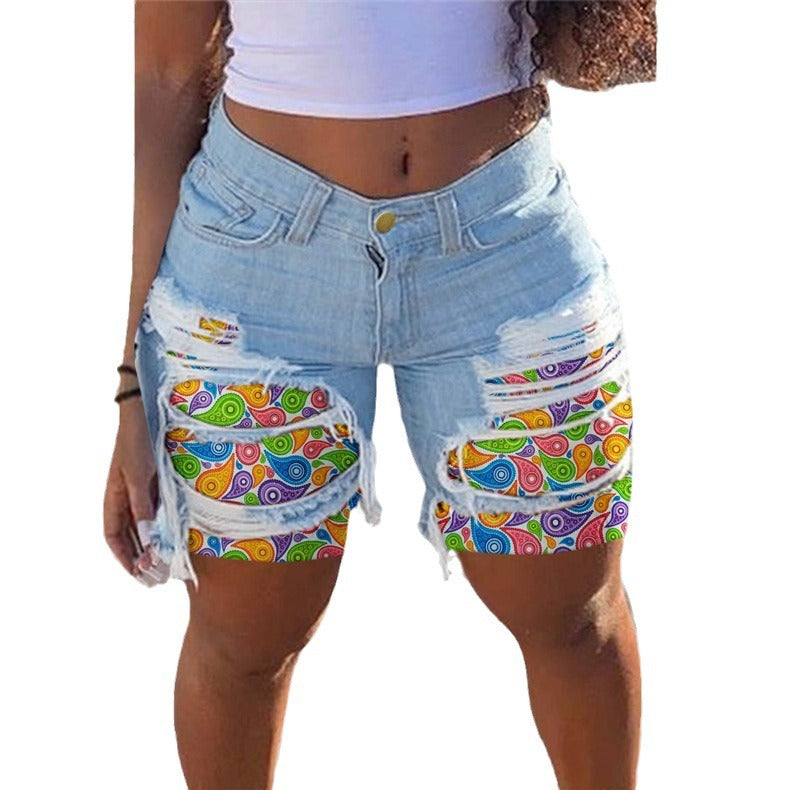 Damen Jeans-Shorts mit buntem Muster und stylishen Ausfransen Stalluxe