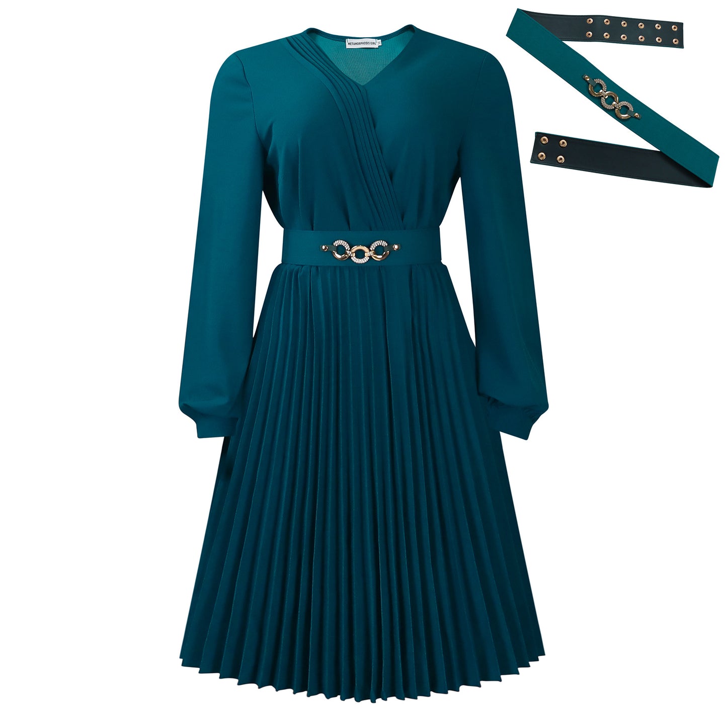 Damen Plissee-Kleid mit schickem Wickel-Oberteil und modischem Gürtel Stalluxe