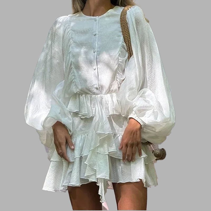 Damen verspieltes Rüschensommerkleid mit ballonförmigen Ärmeln und Knopfdetail Stalluxe