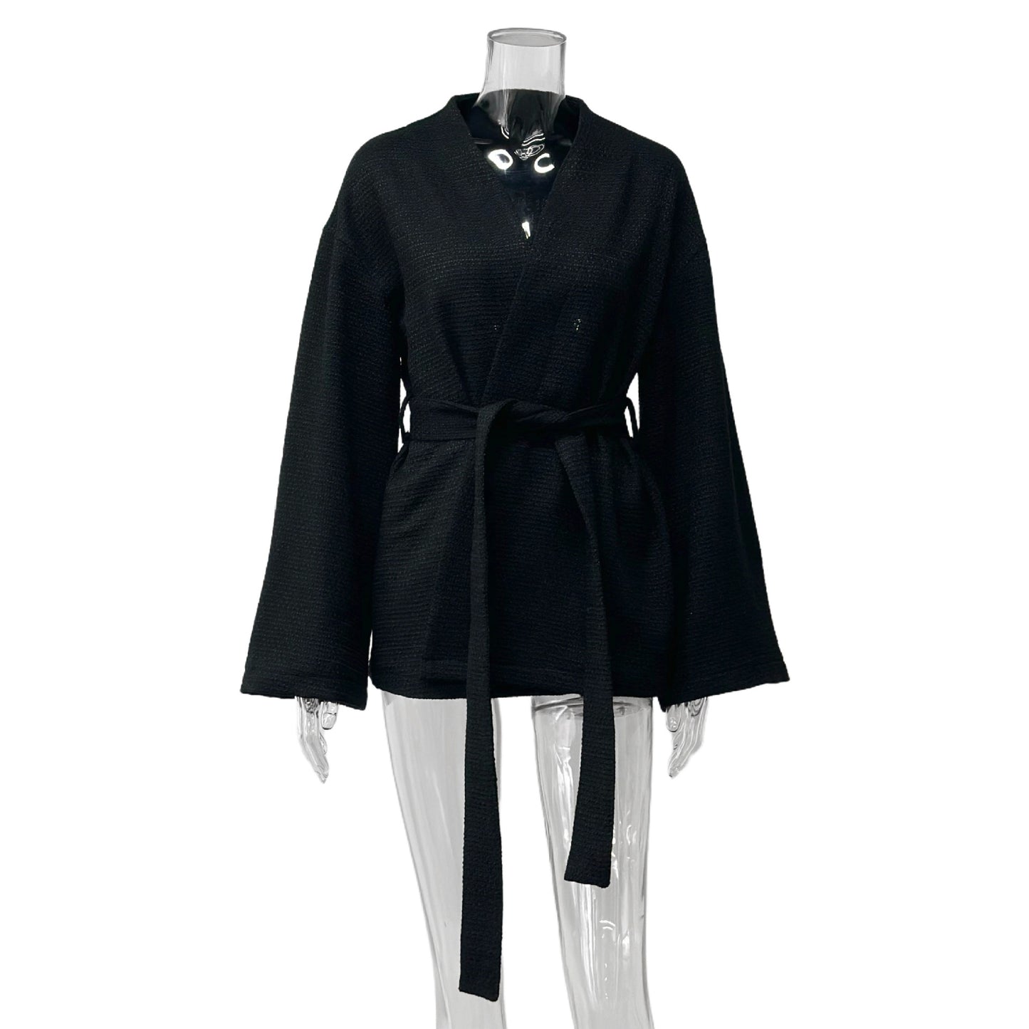 Damen lässige Waffelstoffjacke mit Taillengürtel Stalluxe