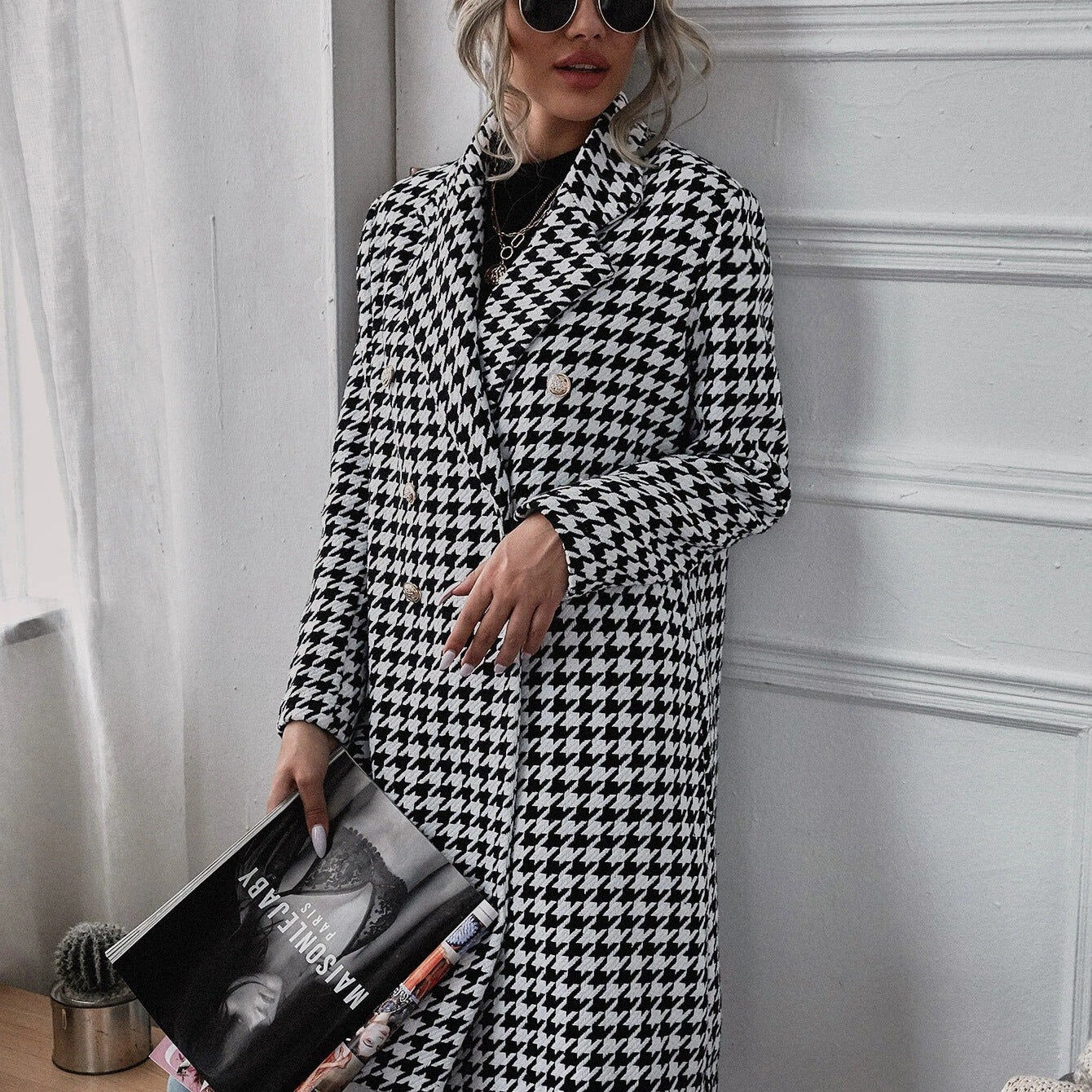 Damen Oversized Hahnentritt-Mantel mit klassischen Details Stalluxe