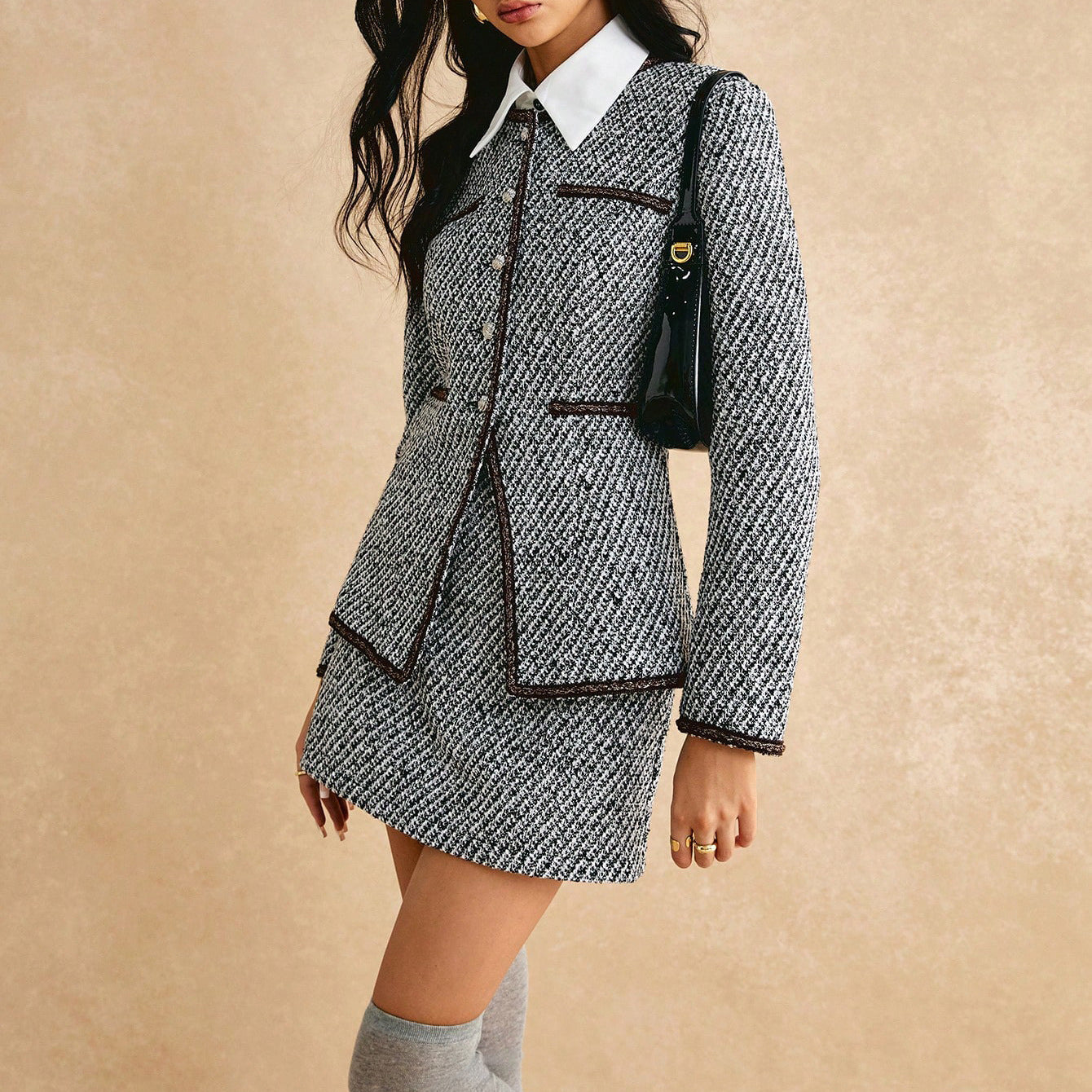 Damen Tweed-Blazer-Rock-Set mit stylischem Kragen und eleganten Details Stalluxe