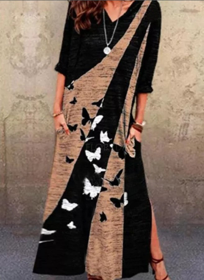 Damen Maxikleid mit kunstvollem Schmetterlingsdesign und praktischen Taschen Stalluxe