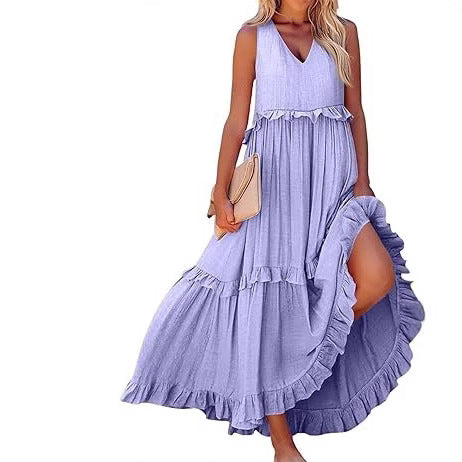 Damen Maxi-Kleid mit V-Ausschnitt und voluminösem Saum Stalluxe