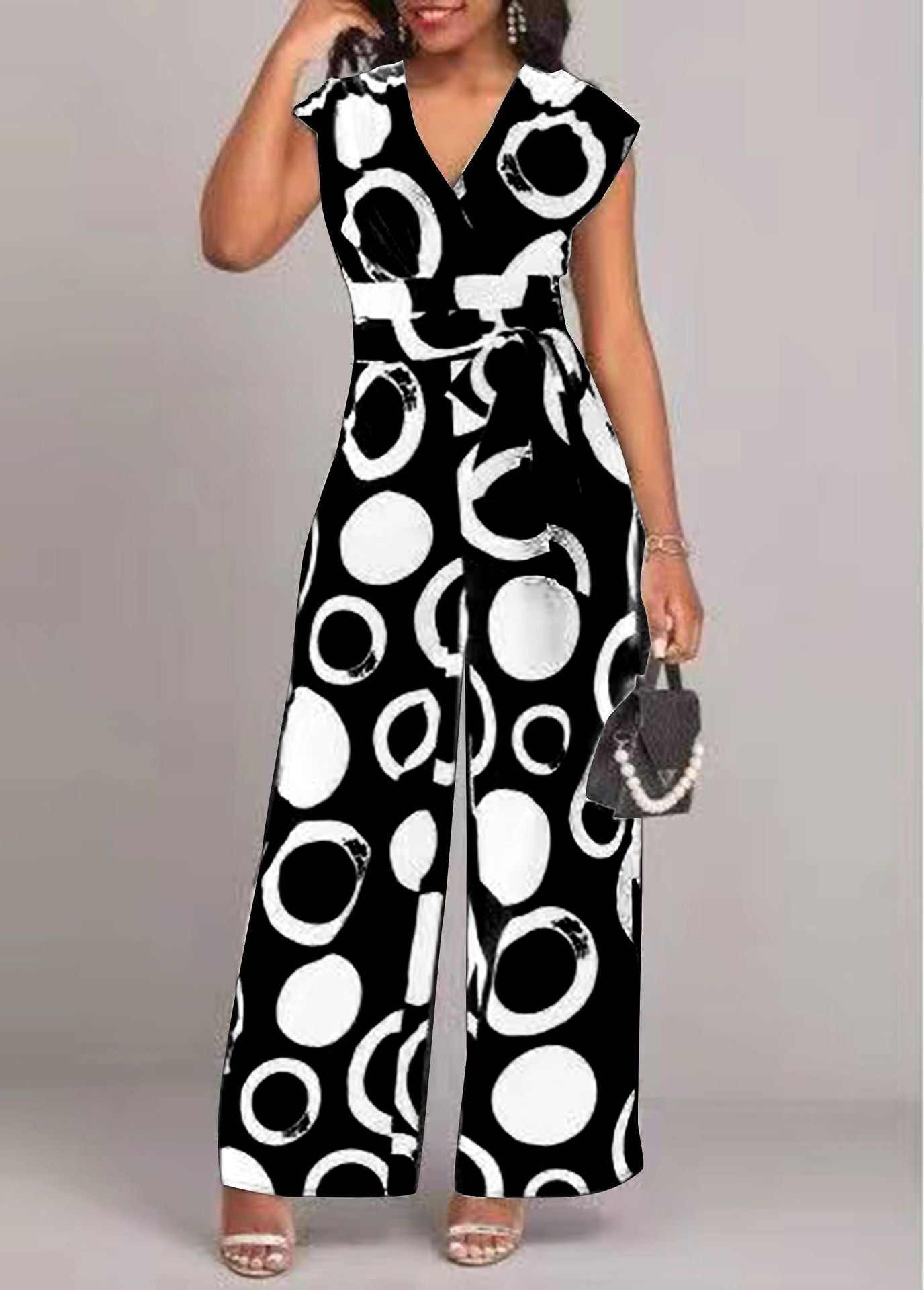 Damen Modischer Wide-Leg Jumpsuit mit Bindegürtel und grafischem Muster Stalluxe