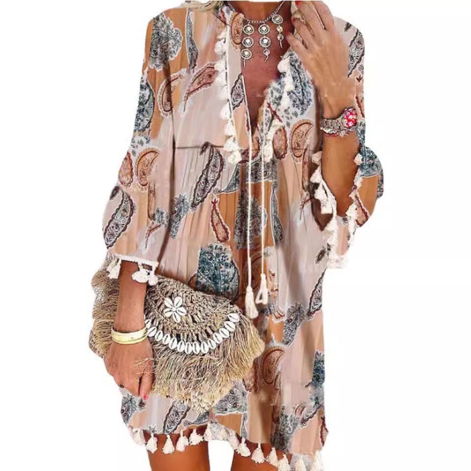 Damen Strandkleid mit hohem Kragen und romantischem Blumenmuster Stalluxe