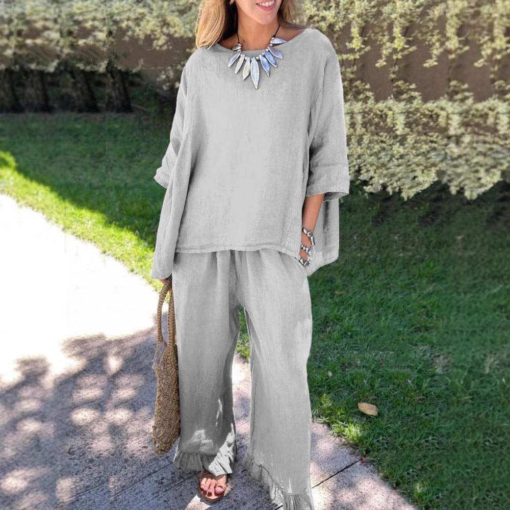 Damen lässiges Leinen-Outfit mit weitem Schnitt und angeschnittenen Ärmeln Stalluxe