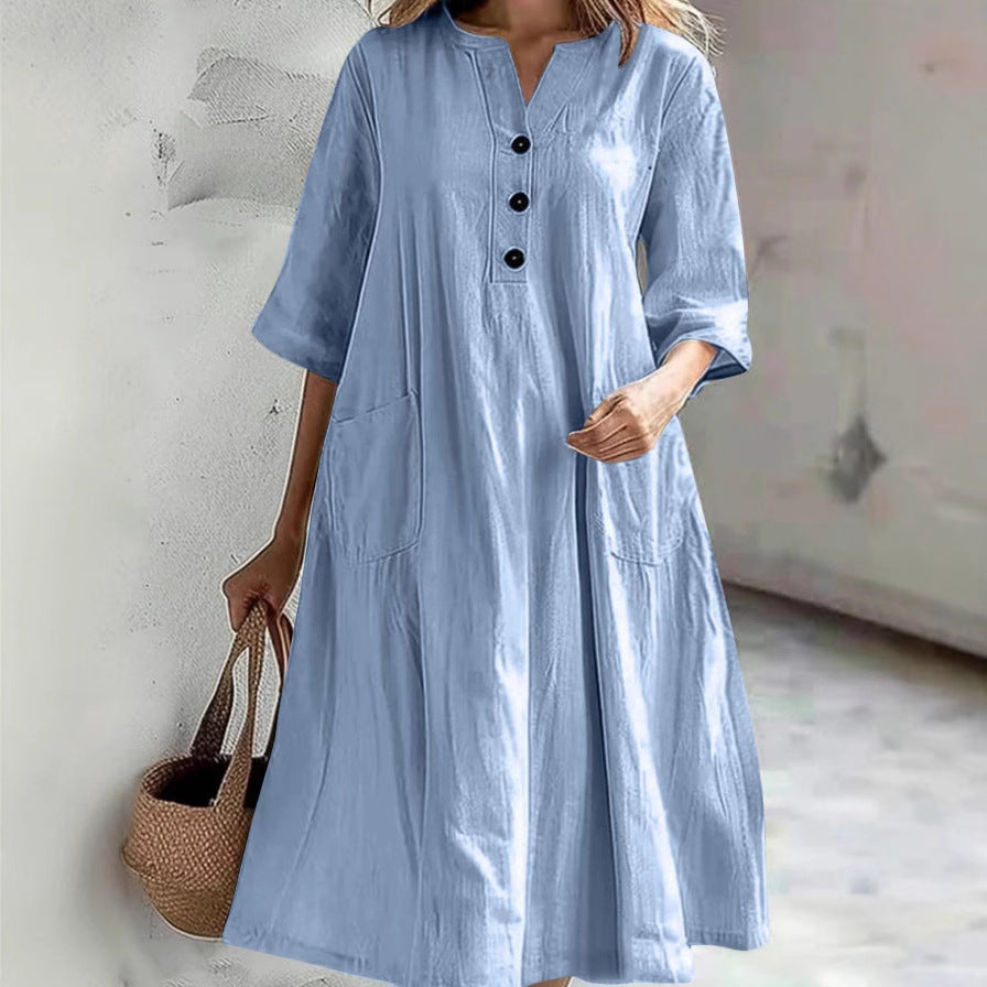 Damen lässiges Baumwollkleid mit Knopfleiste und praktischen Taschen Stalluxe