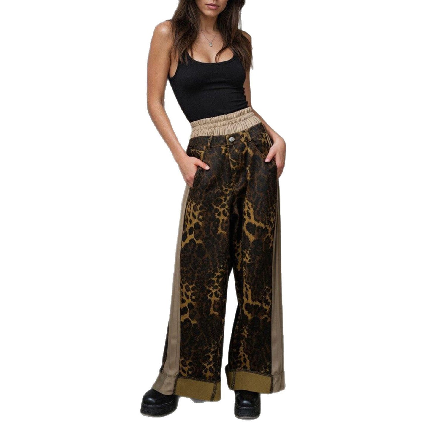 Damen Weite Hose mit Leo-Muster und elastischem Bund Stalluxe