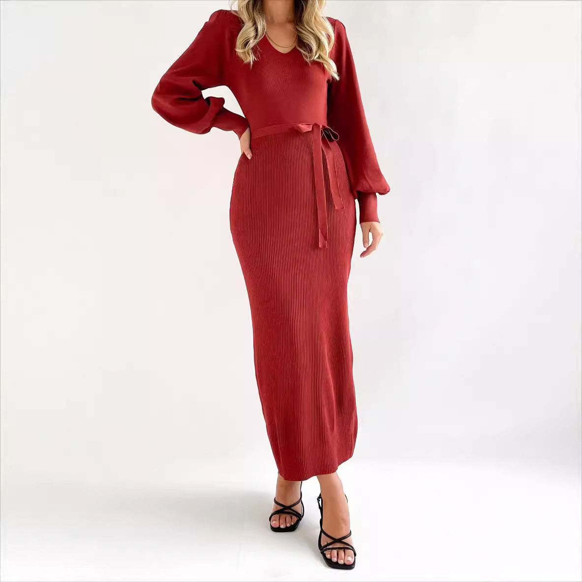 Damen elegantes Strickkleid mit Puffärmeln Stalluxe