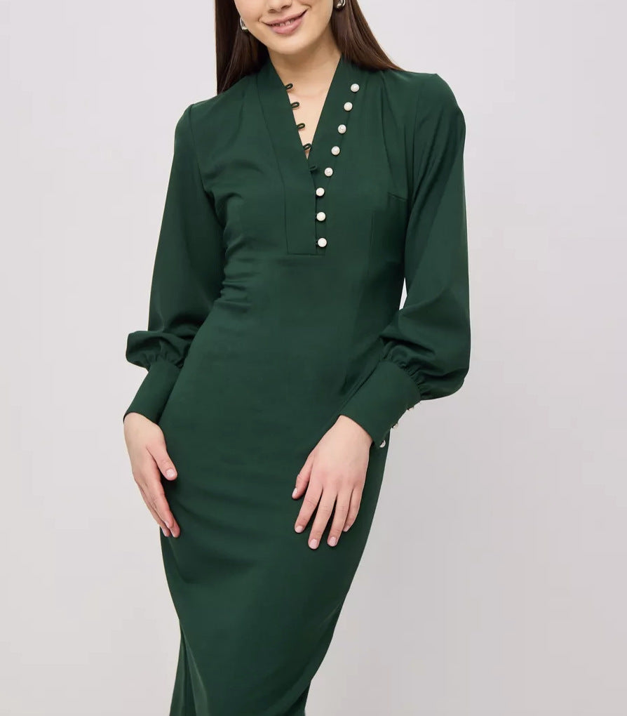 Damen elegantes Kleid mit Puffärmeln und Perlenknopfen Stalluxe