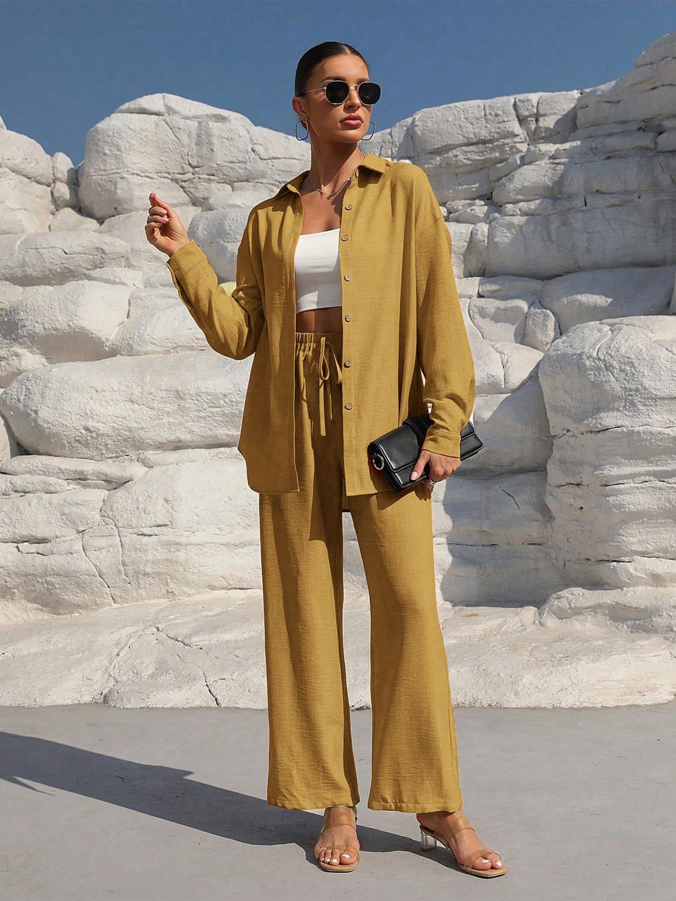 Damen elegantes und lässiges Leinen-Loungewear-Set mit lockerer Passform Stalluxe
