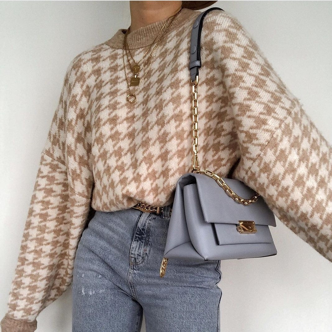 Damen Grobstrickpullover mit modernem Hahnentrittmuster und lässigem Schnitt Stalluxe