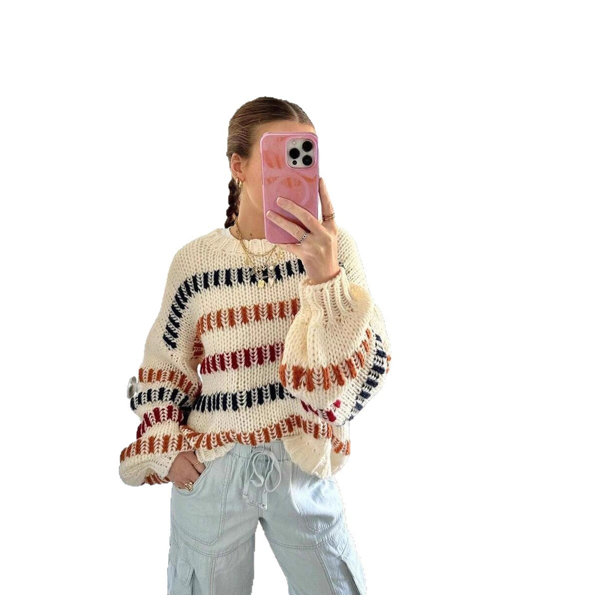 Damen Grobstrickpullover mit bunten Streifen und Oversized-Schnitt Stalluxe