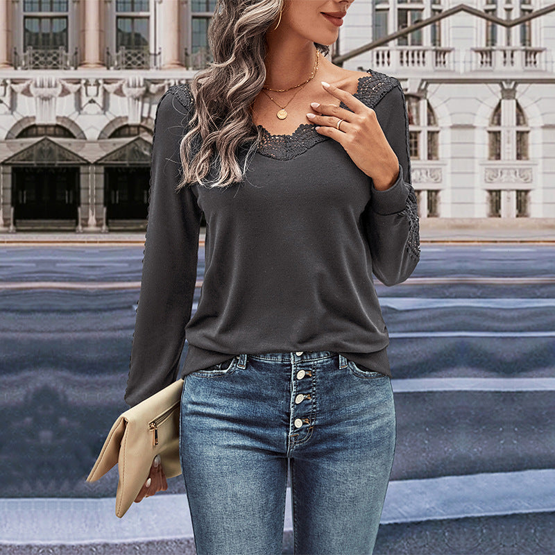 Damen Langarmshirt mit Spitzenverzierung und V-Ausschnitt Stalluxe