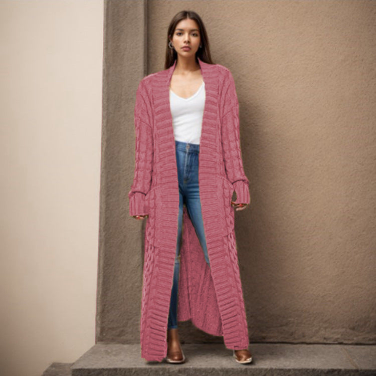 Damen Langer Strickcardigan mit raffiniertem Zopfdesign und praktischen Taschen Stalluxe