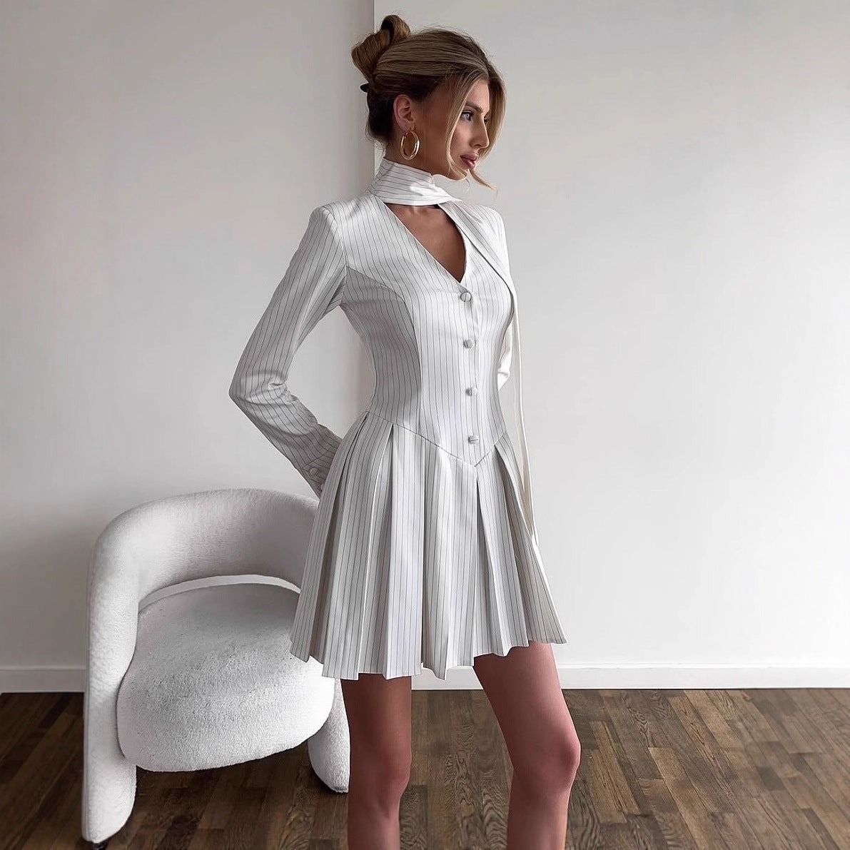 Damen Hemdblusenkleid mit Stehkragen und Faltenwurf Stalluxe