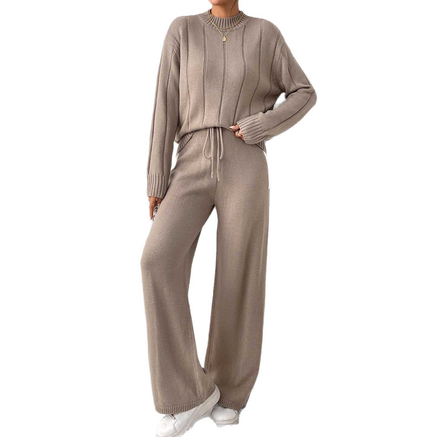 Damen lässiges Strick-Set mit hochabschließendem Pullover und weitem Hosen Stalluxe