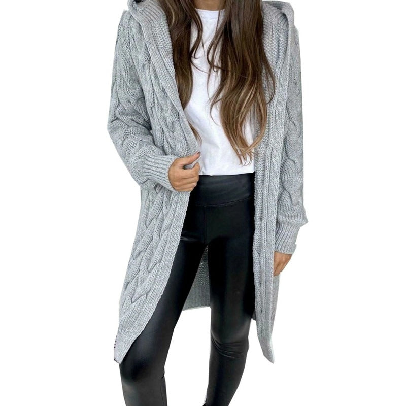Damen Langer Strickmantel mit strukturiertem Zopfdesign und praktischer Kapuze Stalluxe