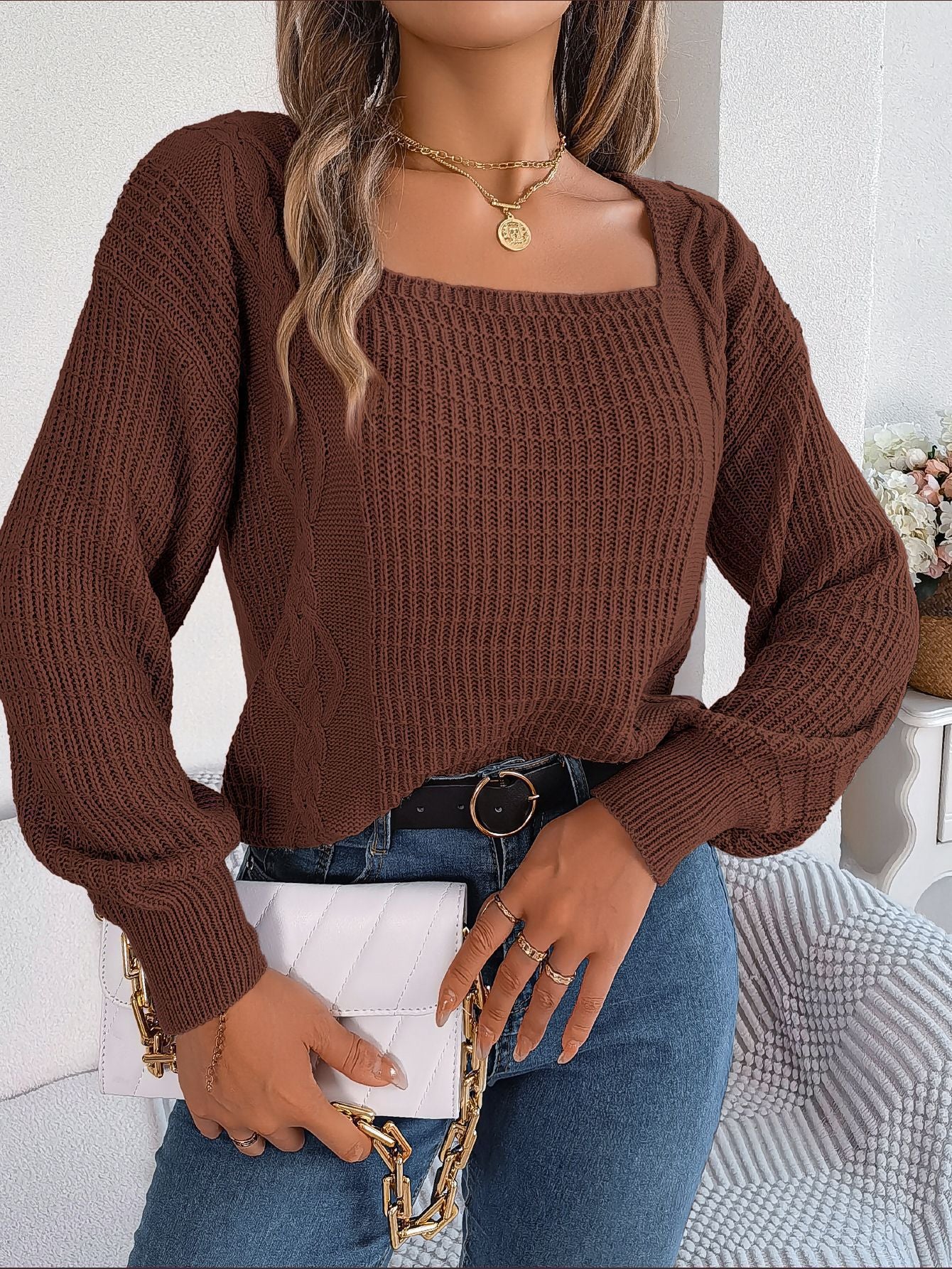 Damen Grobstrickpullover mit quadratischem Ausschnitt und voluminösen Ärmeln Stalluxe