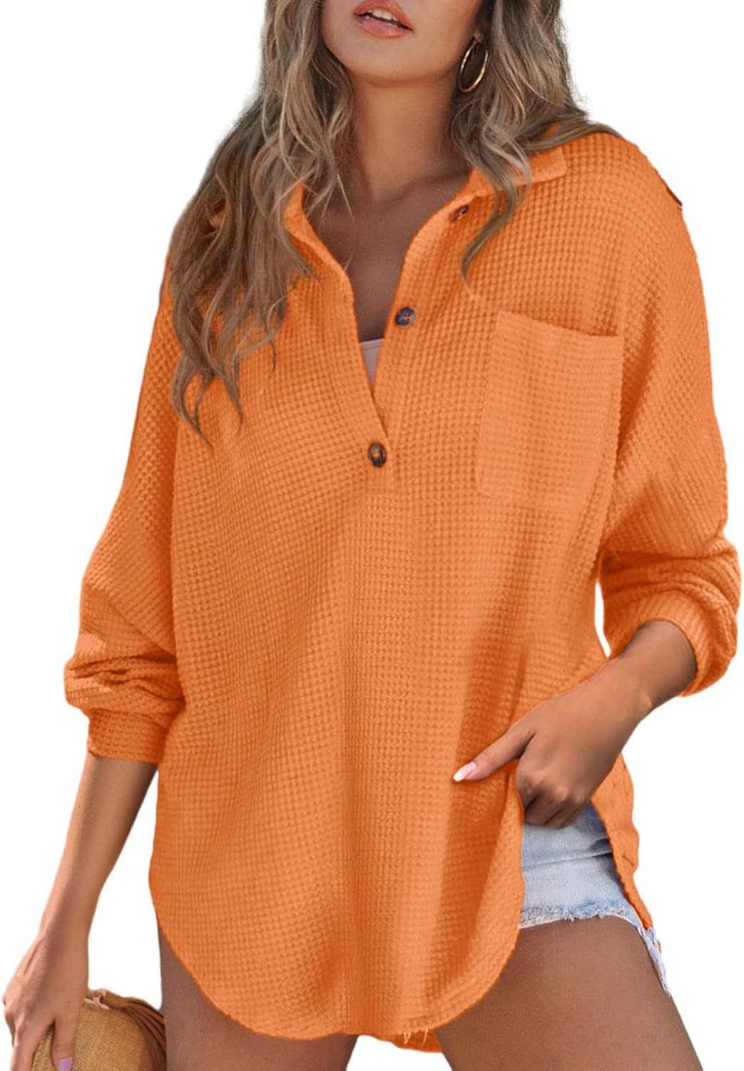 Damen lässiges Waffelshirt mit Knopfdetails und Taschen Stalluxe