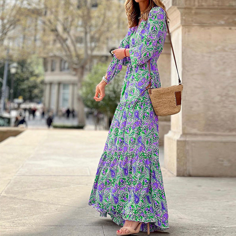 Damen Maxikleid mit gebundenem V-Ausschnitt und voluminösen Ärmeln Stalluxe