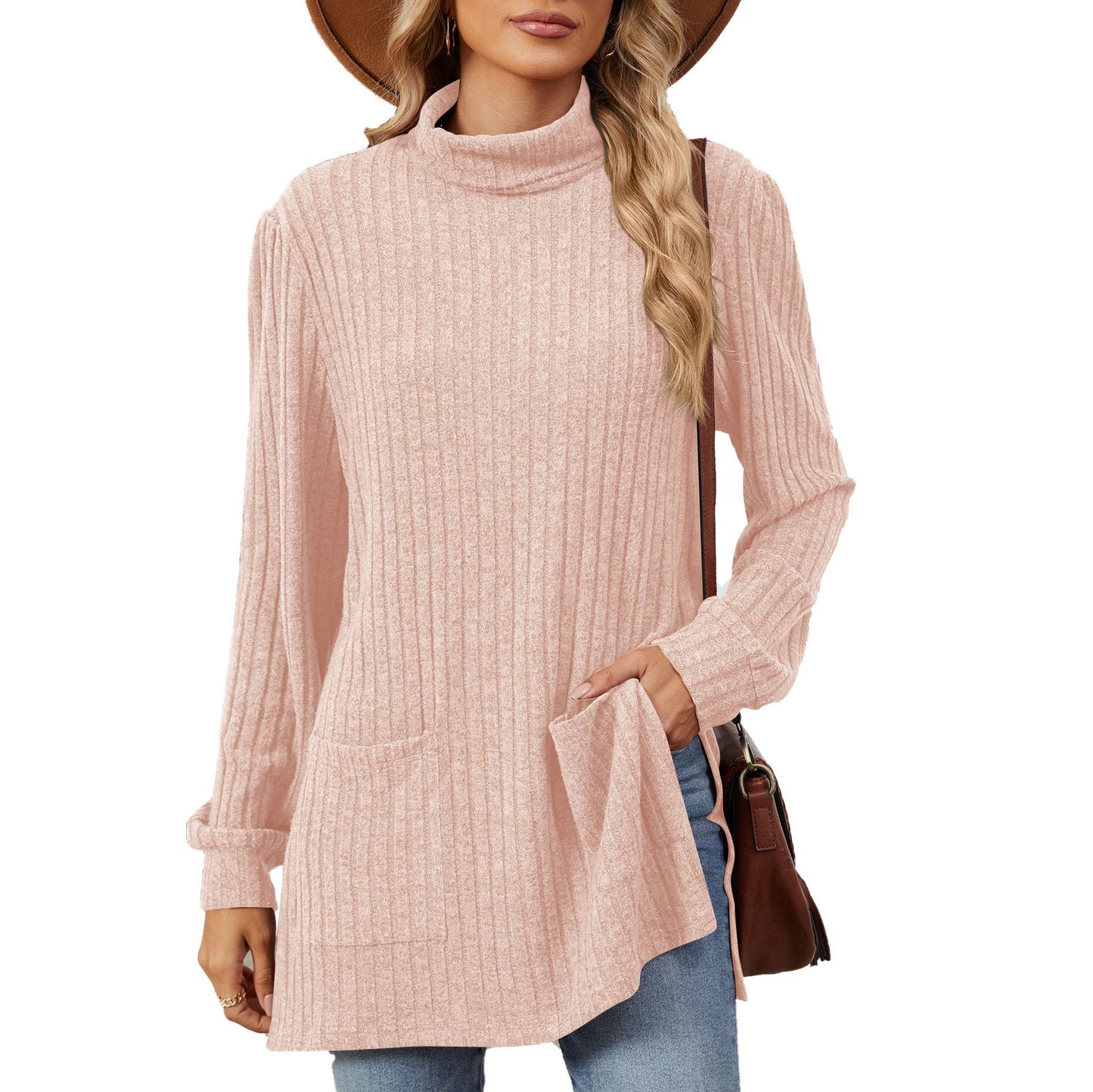 Damen elegantes Oberteil aus strukturierter Strickware mit Stehkragen und Seitentaschen Stalluxe