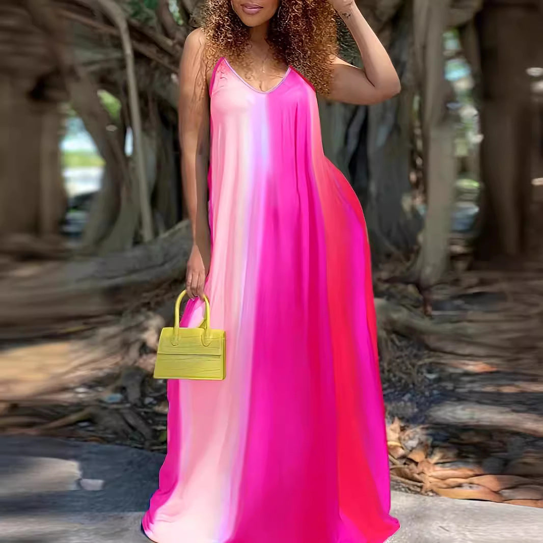 Damen Maxikleid mit fließendem Farbverlauf und zarten Spaghettiträgern Stalluxe