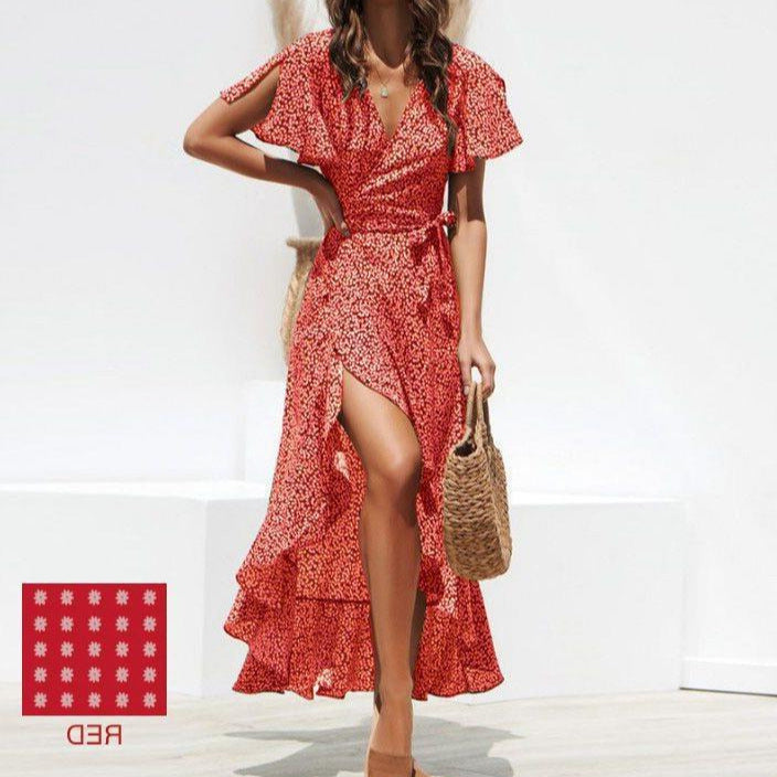 Damen Maxi-Wickelkleid mit fließendem Saum und verspielten Rüschen Stalluxe