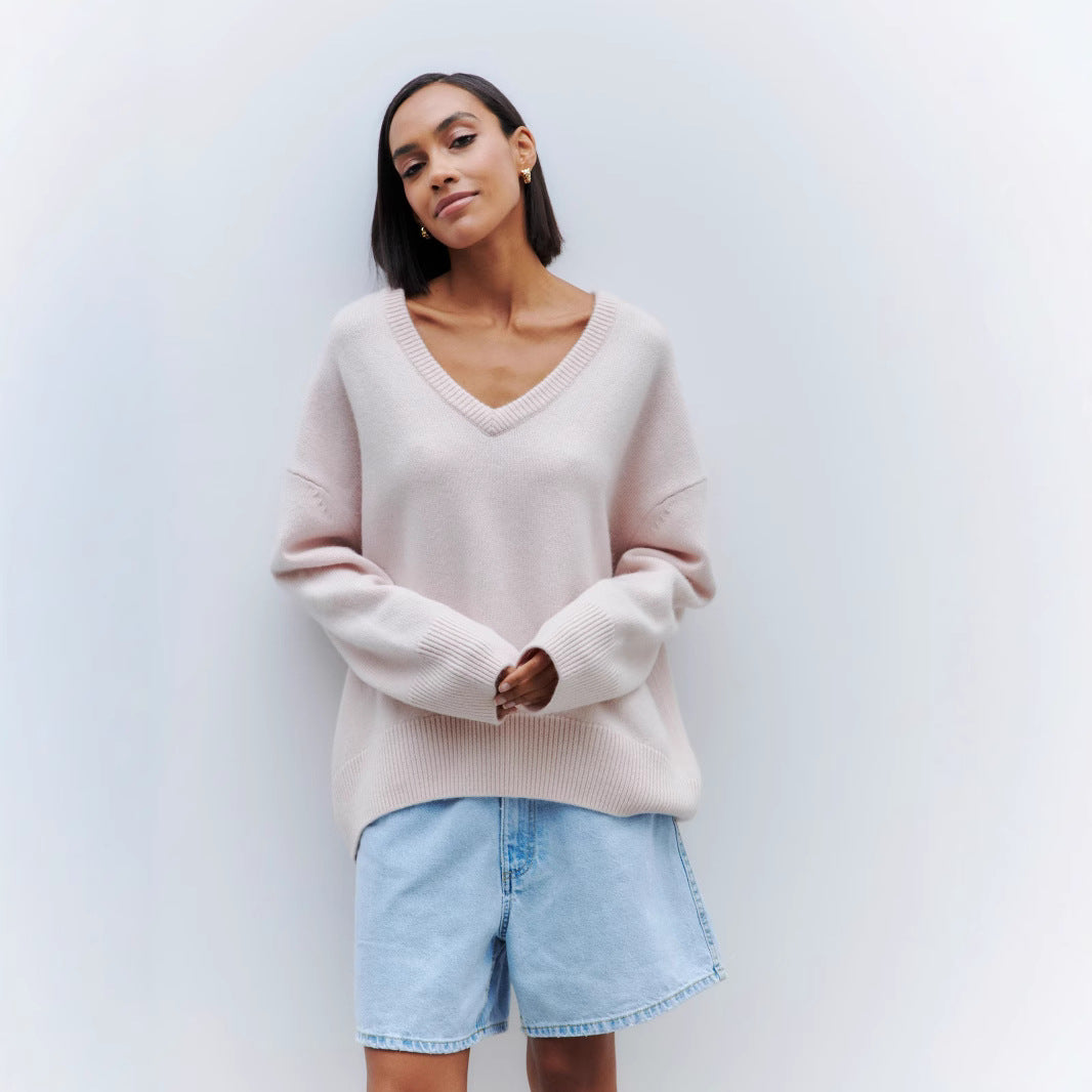 Damen Viskose-Pullover mit tiefem V-Ausschnitt und breiten Bündchen Stalluxe