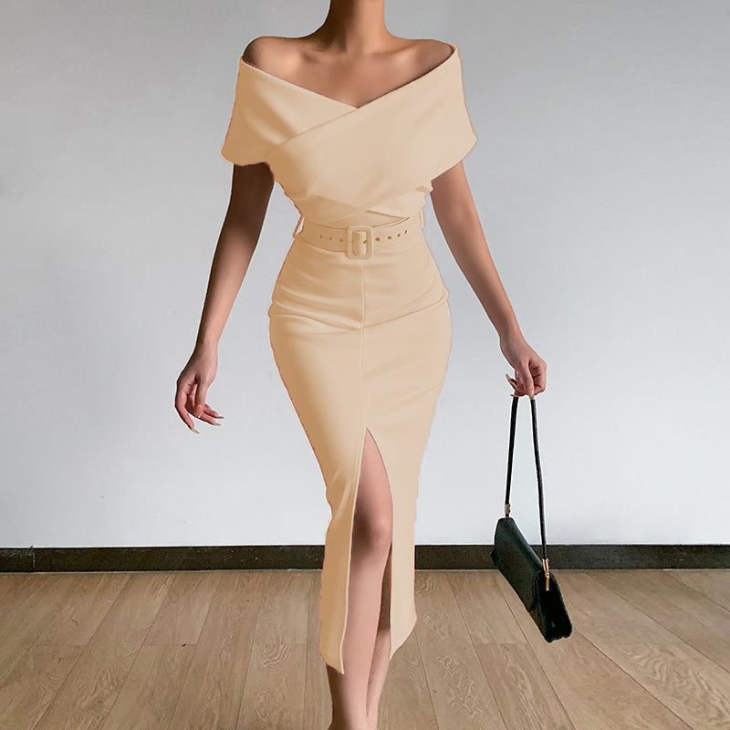 Damen figurbetontes Midi-Kleid mit Off-Shoulder-Ausschnitt und seitlichem Schlitz Stalluxe