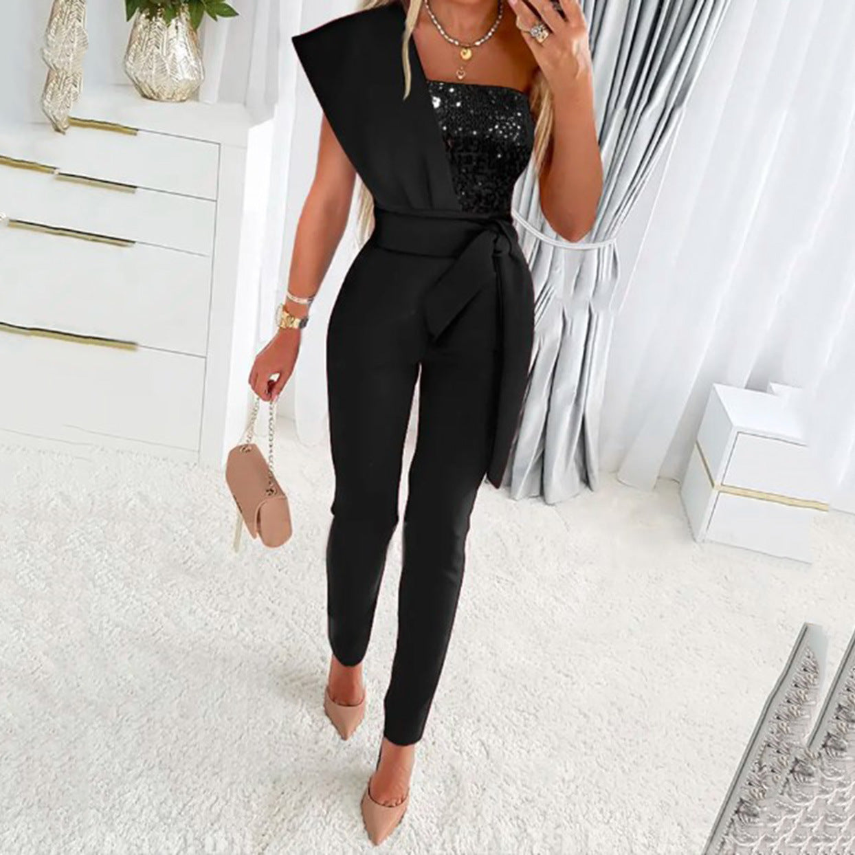 Damen One-Shoulder Jumpsuit mit glitzerndem Oberteil und Taillengürtel Stalluxe