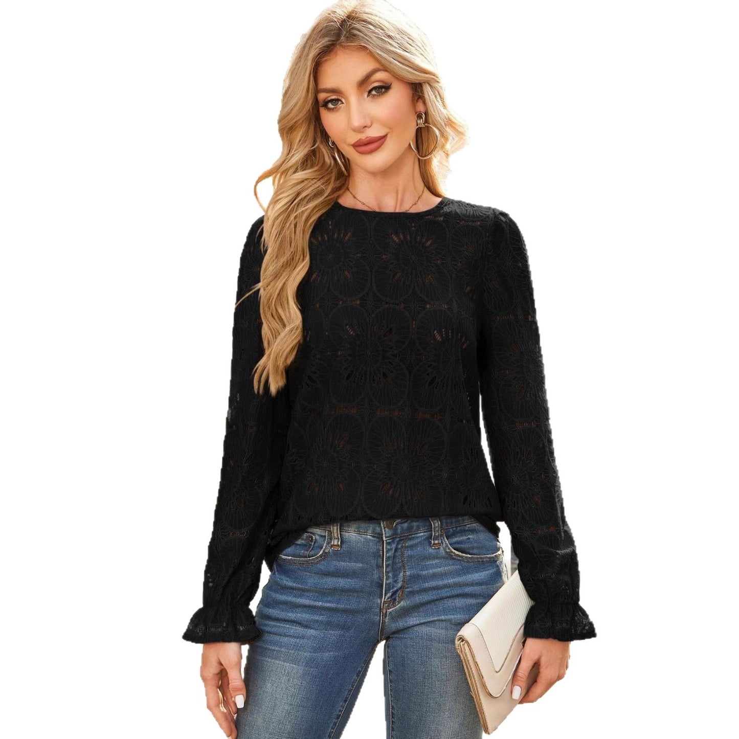 Damen Elegante Bluse mit floraler Spitze und lässigen Ärmeln Stalluxe