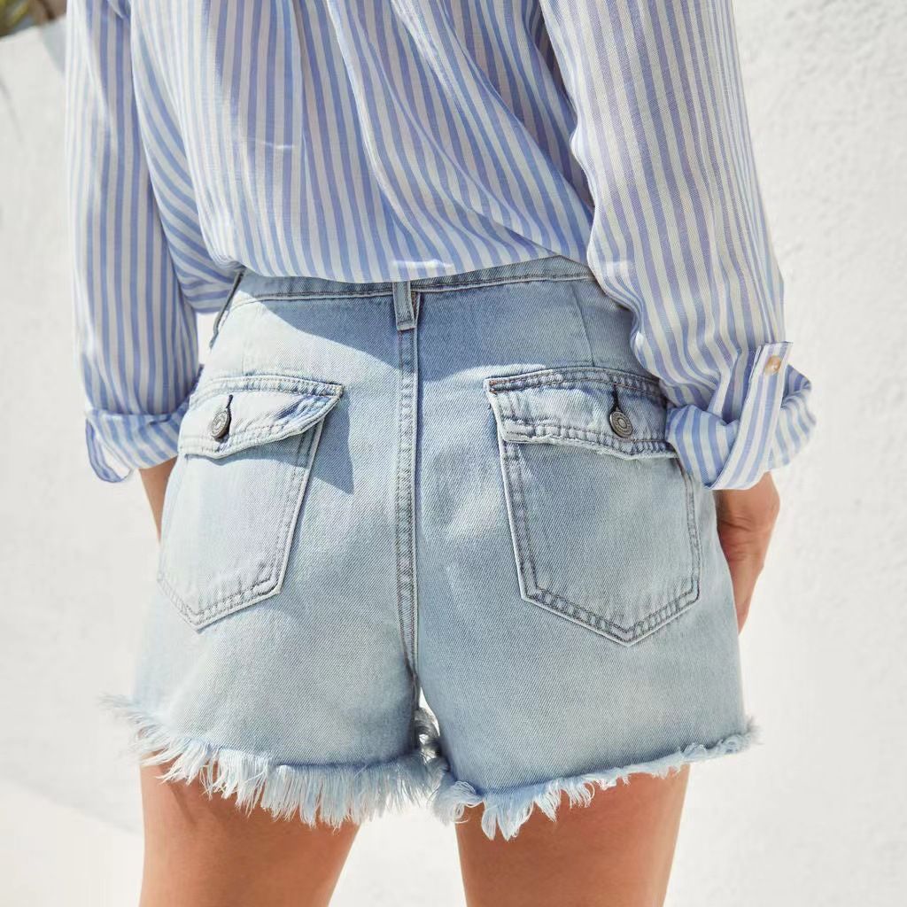 Damen Denim-Shorts mit fransigem Saum und hohem Bund Stalluxe