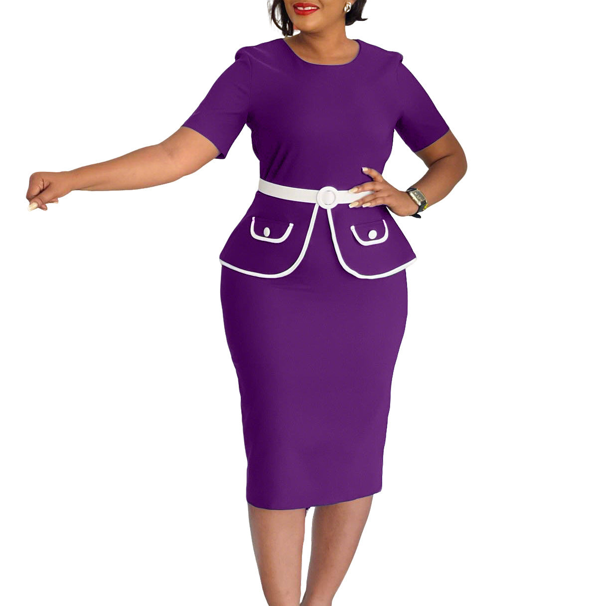 Damen Elegantes Tailliertes Kleid mit peppiger Taschenapplikation und breitem Gürtel Stalluxe