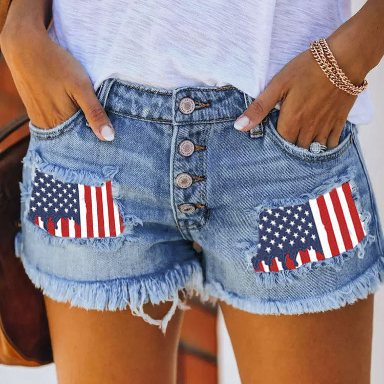 Damen Jeansshorts im Coolen USA-Design mit ausgefranstem Saum Stalluxe