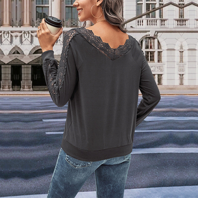 Damen Langarmshirt mit Spitzenverzierung und V-Ausschnitt Stalluxe