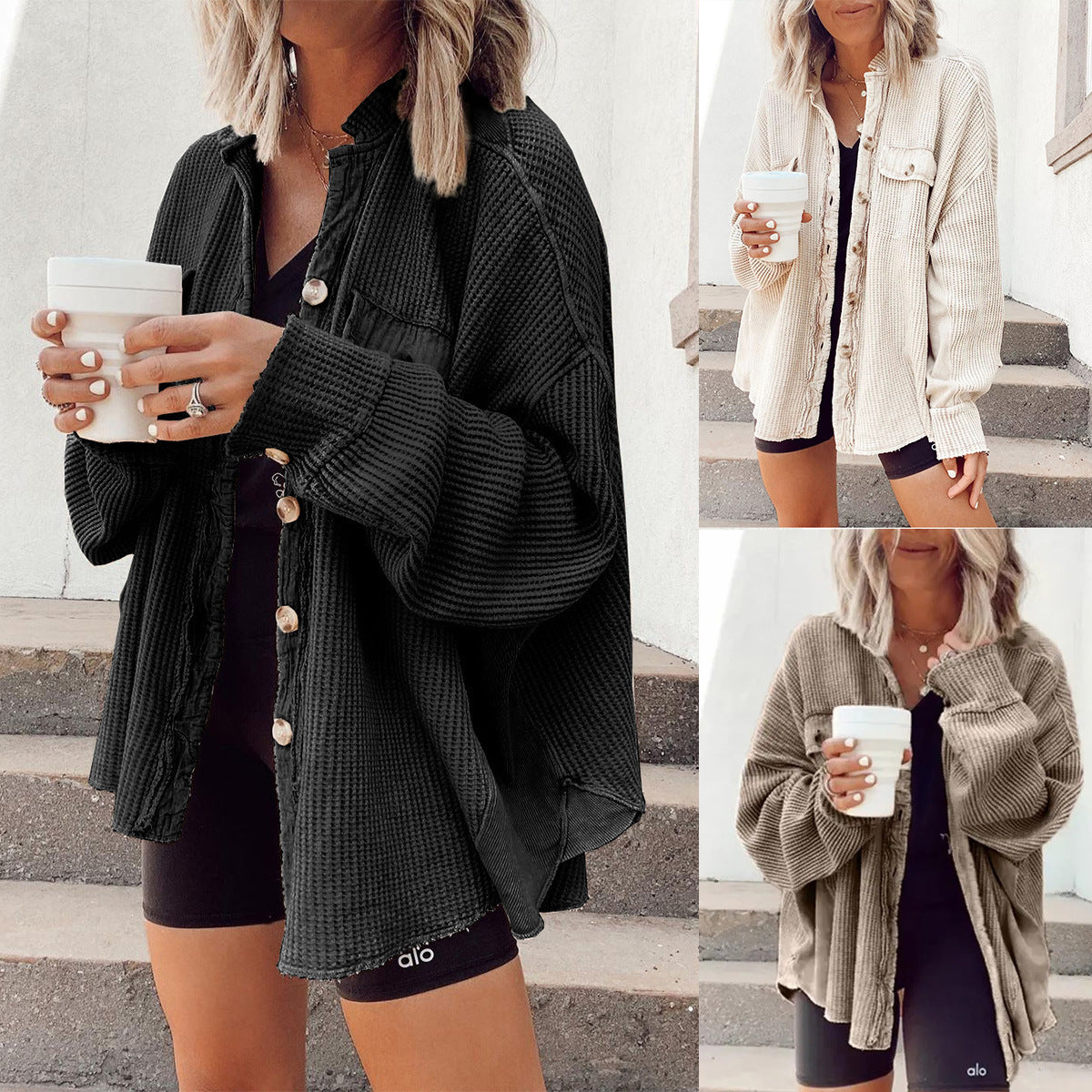 Damen Oversized Waffle-Shirtjacke mit Knopfleiste und praktischen Taschen Stalluxe