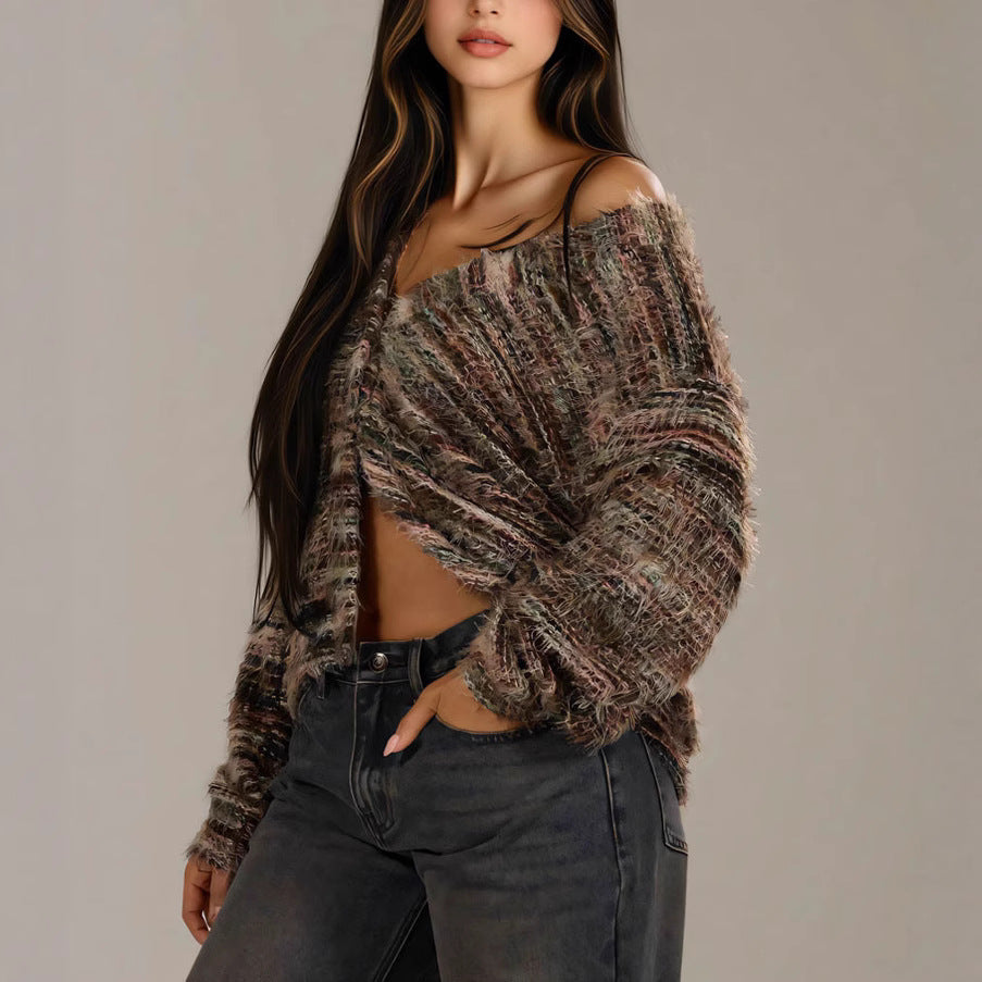 Damen Flauschige Strickjacke mit tiefem V-Ausschnitt und weitem Schnitt Stalluxe