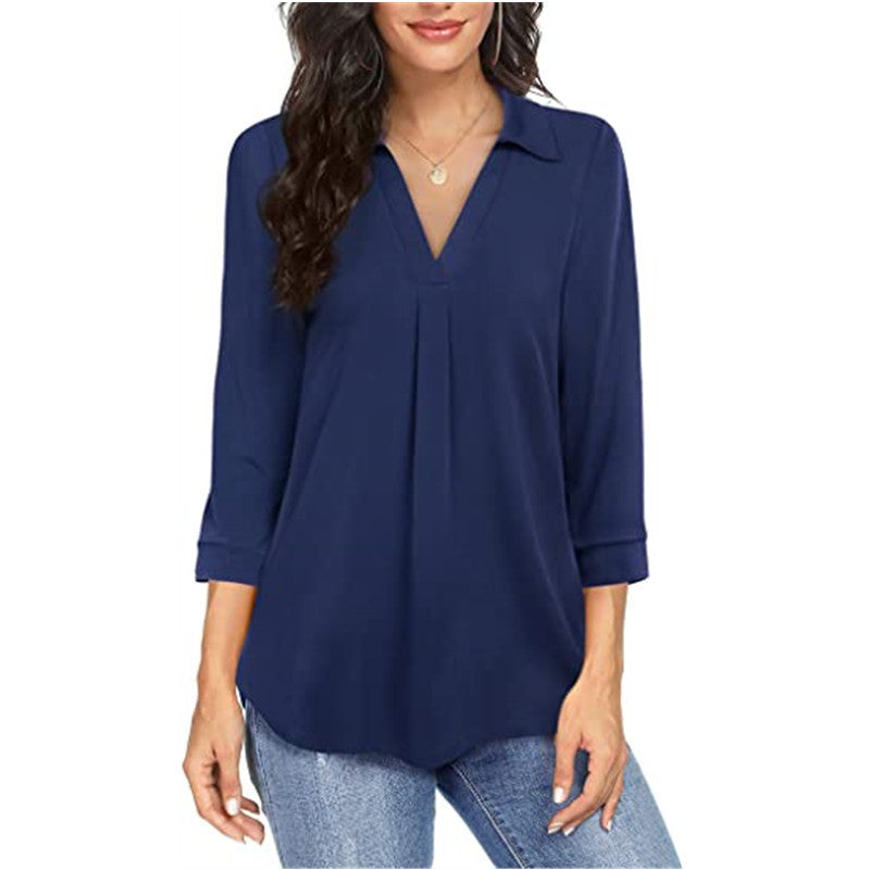 Women's Stylish Pleated V-Neck Blouse Stalluxe