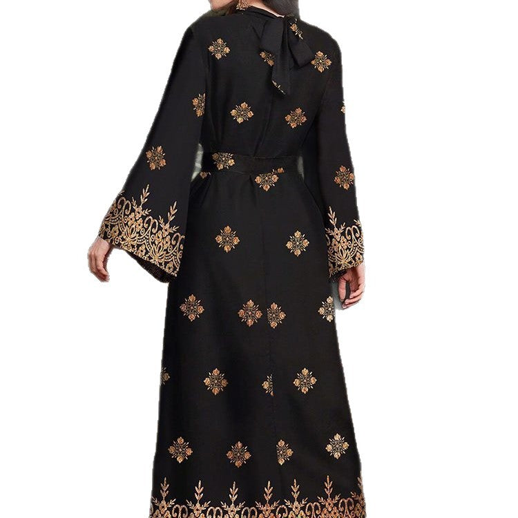 Damen festliches Abendkleid mit elegantem Gold- und Blumenmuster Stalluxe