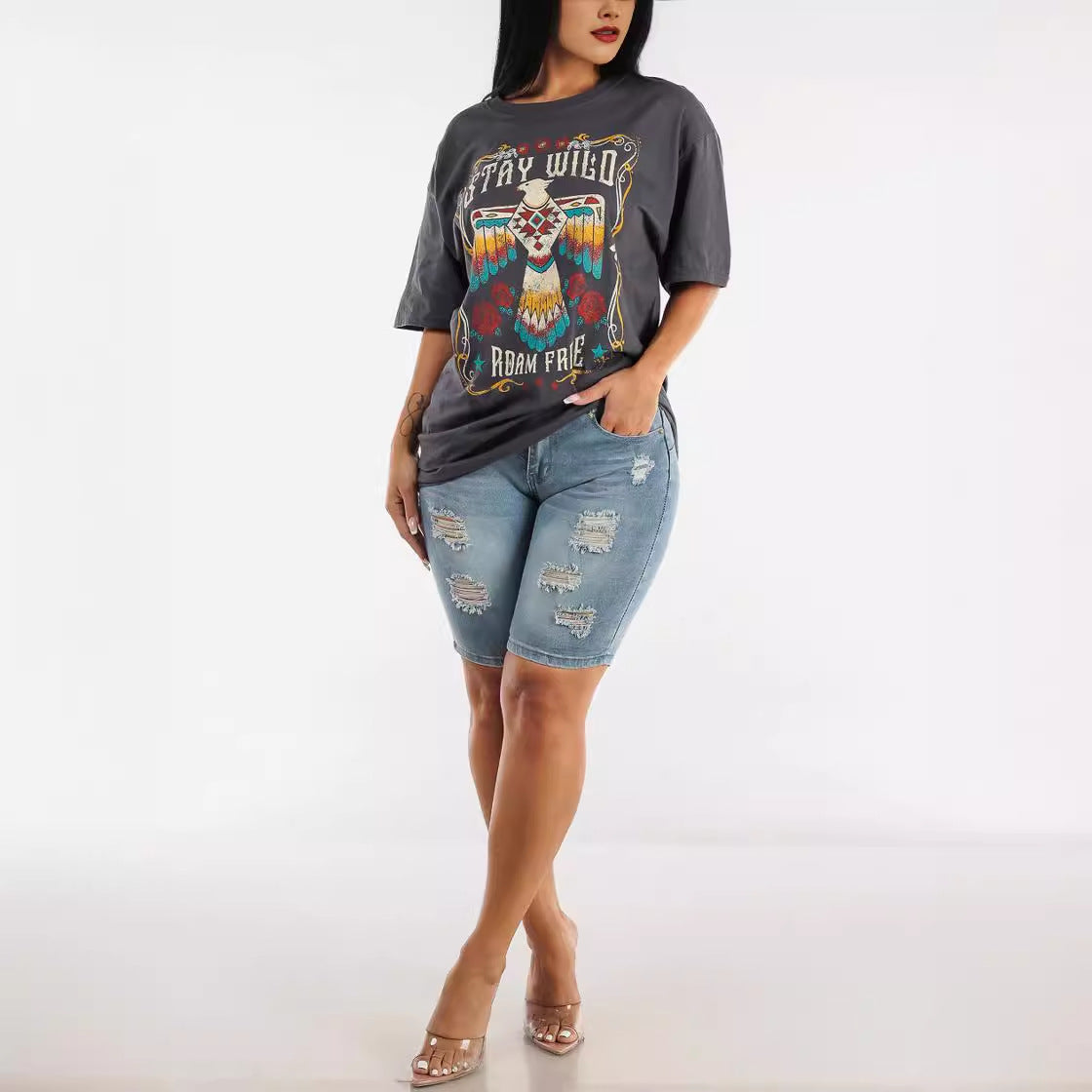 Damen Jeansbermuda mit hohen Bund und Destroyed-Details Stalluxe